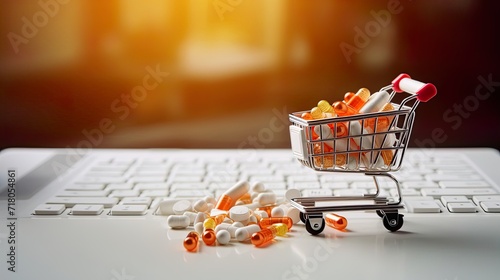 Medicine concept. Various capsules  tablets and medicine in shop trolley. Pills concept. Buy and shopping medicine.
