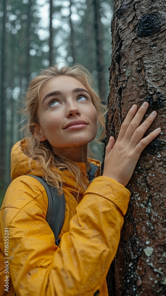 Hugging a tree in the forest and gazing up at the top of the tree is a young, blonde woman wearing a yellow coat. Hugging a tree in the forest and gazing up at the top of the tree is a young, blonde woman wearing a yellow coat.