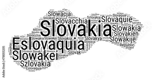 Black and white word cloud in Slovakia shape. Simple typography style country illustration. Plain Slovakia black text cloud on white background. Vector illustration.
