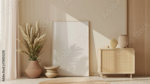 Frame mockup in contemporary minimalist beige room interior. Generative Ai