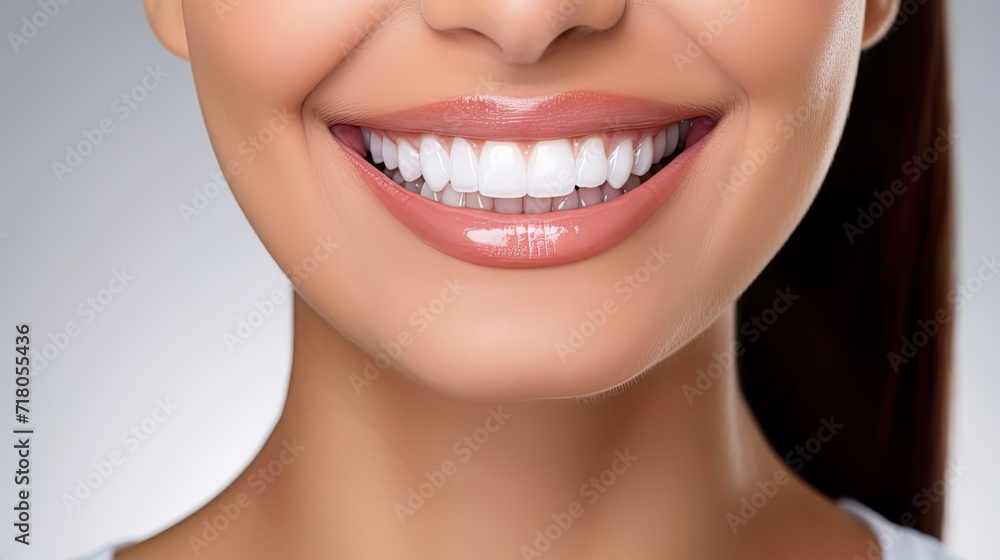 Obraz premium Beautiful female smile after teeth whitening procedure. Dental care. Dentistry concept.
