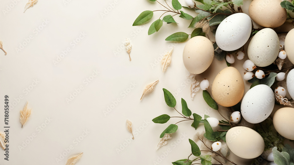 Easter composition with eggs and flowers on light background, flat lay. Space for text. Generative AI Easter composition with eggs and flowers on light background, flat lay. Space for text. Generative AI