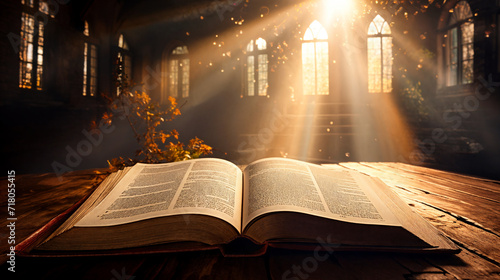 Open holy bible on a wooden table in the dark with rays of light.  AI generative photo