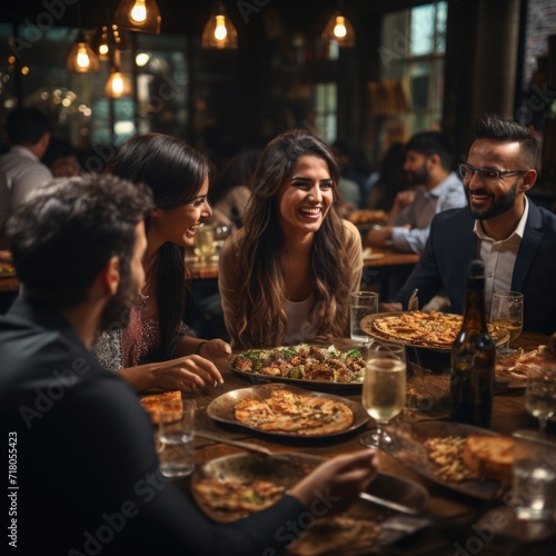Pizza pleasure Realistic image of a laughing Indian businesswoman enjoying the night view generative AI