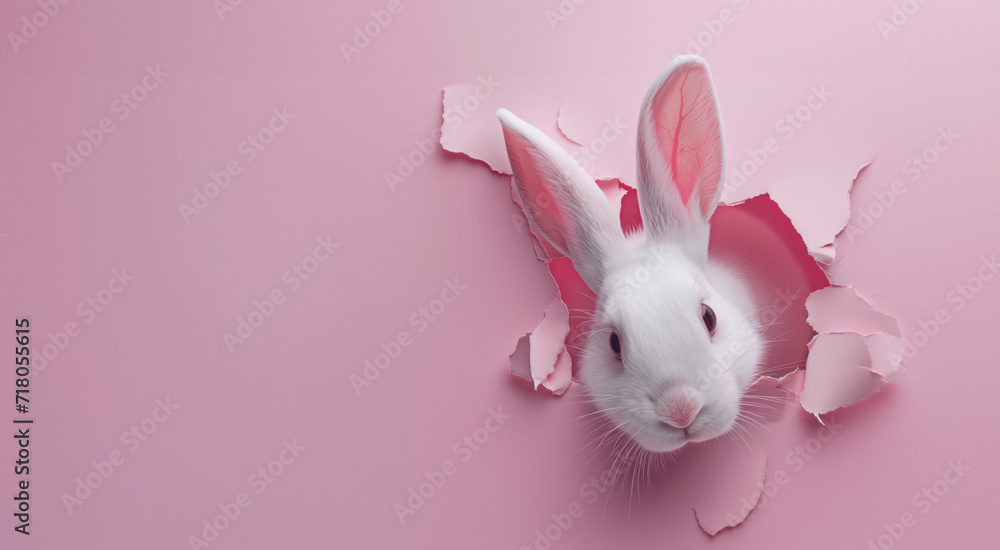 A white rabbit pokes its head out of a hole in pink paper, background, panorama with space for your text A white rabbit pokes its head out of a hole in pink paper, background, panorama with space for your text