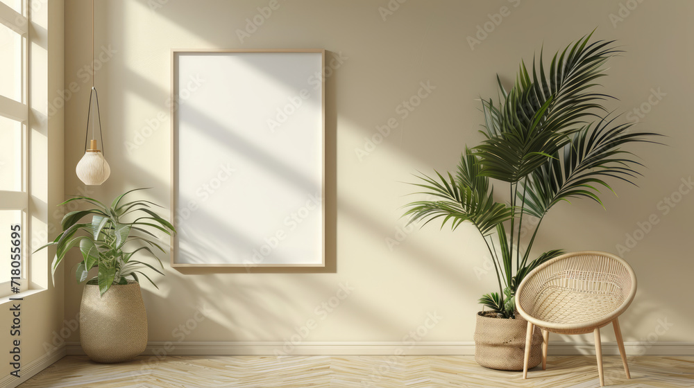 Frame mockup in contemporary minimalist beige room interior. Generative Ai Frame mockup in contemporary minimalist beige room interior. Generative Ai