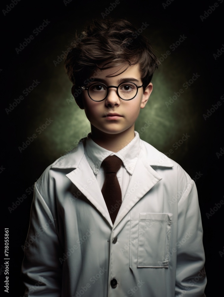boy, child student scientist or doctor, wearing a white gown, standing. science and study. portrait one person boy, child student scientist or doctor, wearing a white gown, standing. science and study. portrait one person