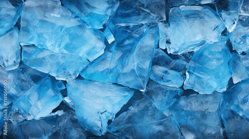 Clear blue ice texture with cracks on the surface, abstract background of winter ice
