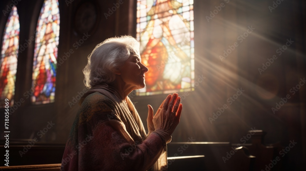 elderly person in church. a woman prays near a stained glass window. gray-haired grandmother folded his hands in prayer