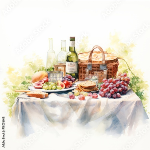 Watercolor illustration of a summer picnic with food and wine on a sunny day in the park. Artistic watercolor painting depicting a serene picnic setup with fresh food and flowers under a tree. 