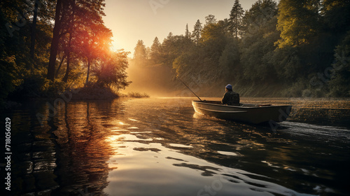 Fisherman in a boat on the river at sunset. Beautiful landscape. AI Generative