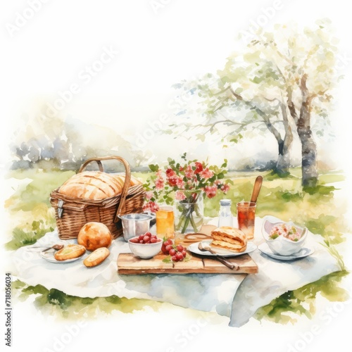 Watercolor illustration of a summer picnic with food and wine on a sunny day in the park. Artistic watercolor painting depicting a serene picnic setup with fresh food and flowers under a tree.
