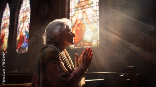 elderly person in church. a woman prays near a stained glass window. gray-haired grandmother folded his hands in prayer