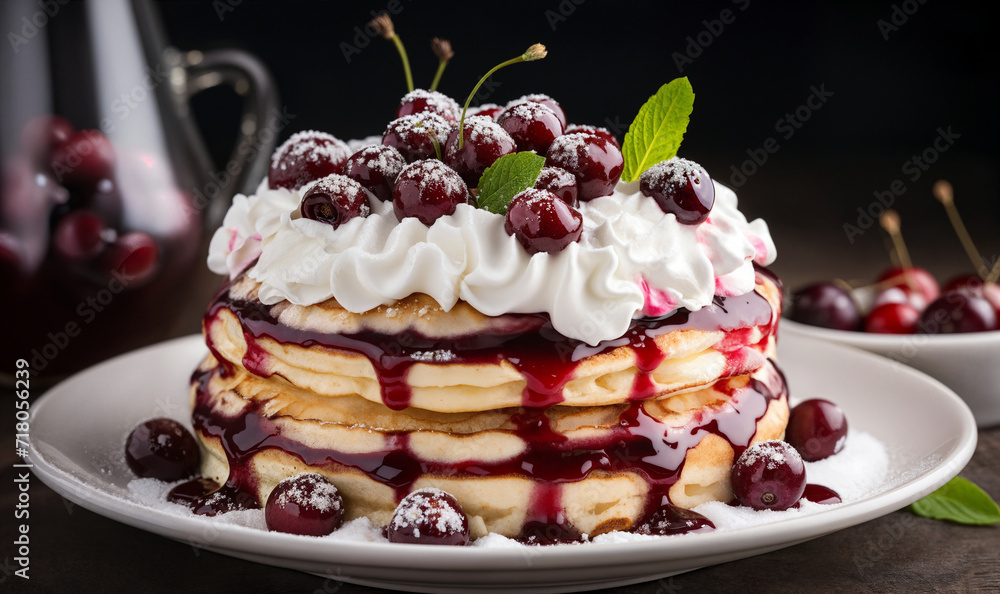 Pancakes with cherries and whipped cream on a dark background. Generative AI Pancakes with cherries and whipped cream on a dark background. Generative AI