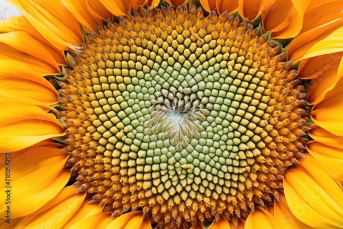 sunflower head with seeds in a spiral pattern closeup
