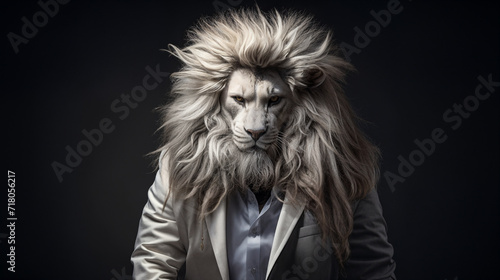 Portrait of a lion in a suit on a black background. AI Generative