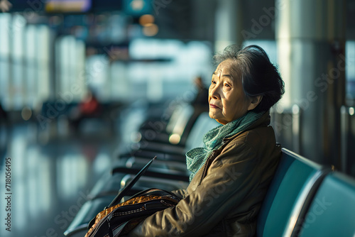One senior asian woman traveling in airport