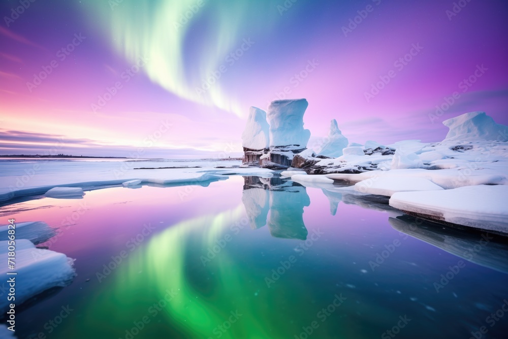 arctic sea reflecting a purple aurora during winter - obrazy, fototapety, plakaty 