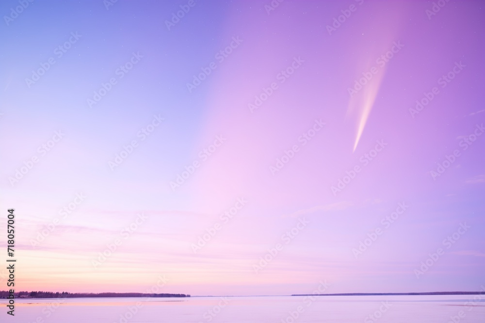 light purple aurora flaring high above horizon