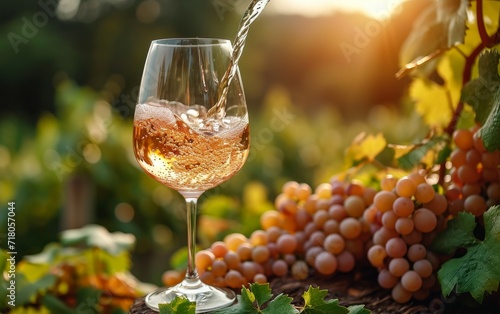 Wine glass with pouring white wine and vineyard landscape in sunny day. 