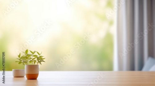 Serene Home Interior with Potted Plant on a Wooden Table by the Window.