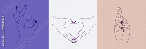 Vector set of abstract logo design templates in simple linear style - hands in different gestures - heart made by hands, okay gesture, hands in shackles, crossed fingers in minimalism