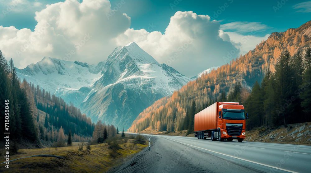 A truck drives along a mountain road, cargo delivery logistics A truck drives along a mountain road, cargo delivery logistics