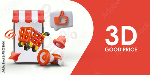 Advertising composition for phone application of online store. Color concept of bargain purchase, best price. Good customer reviews, recommended product