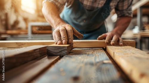 man owner a small furniture business is preparing wood for production. carpenter male is adjust wood to the desired size. architect, designer, Built-in, professional wood, craftsman, workshop.. © pinkrabbit