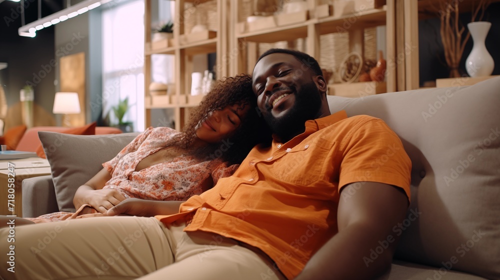 Fun couple sitting on a sofa, relaxing together and enjoying this feeling of well-being, at home or in a furniture store, they feel comfortable, they are cuddling and smiling on the sofa, laughing Fun couple sitting on a sofa, relaxing together and enjoying this feeling of well-being, at home or in a furniture store, they feel comfortable, they are cuddling and smiling on the sofa, laughing