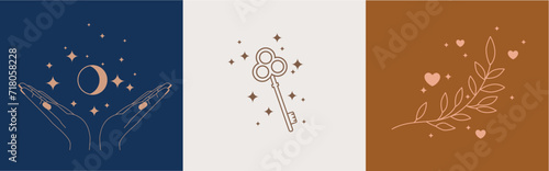 Vector set of abstract logo design templates in simple linear style - hands gestures - hands in shackles, crossed fingers, magic key, moon and dawn in minimalism.