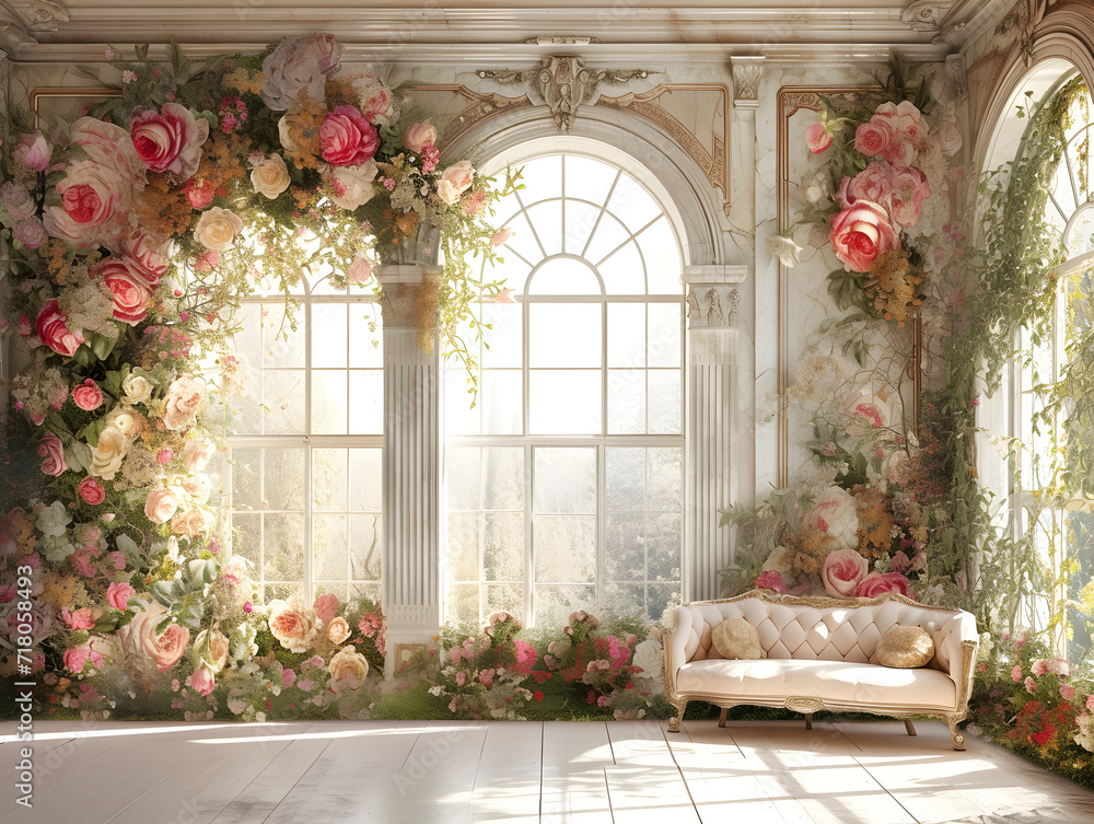 Fototapeta premium Decorative Floral pattern interior for wedding, ceremony, arch window, windoe