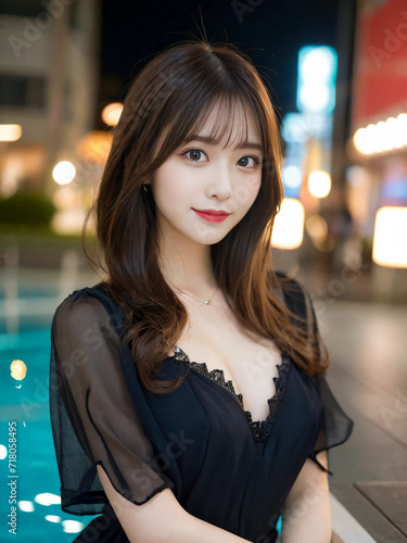 Japanese woman with long hair wearing a black dress and smiling. Generative AI