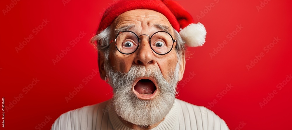 Surprised santa claus expressing shock on red background with space for text placement Surprised santa claus expressing shock on red background with space for text placement