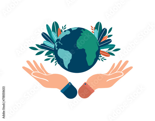 Human hand holding the globe is a symbol of concern for the environment. Vector illustration of Happy Earth Day. April 22nd.