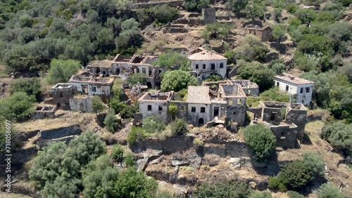 Tilted Aerial View over Abandonated Traditional Rural Village of Karavas in Kythira Island, Greece photo