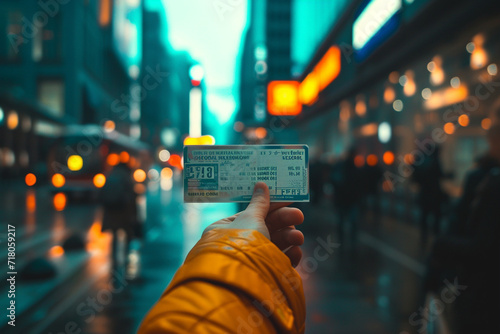 atmospheric photo of a traveler holding a well-designed travel ticket, with a dreamy blurry background, capturing the excitement and anticipation of a journey in a commercial conte