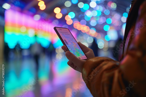 traveler happily holding a digital travel ticket on a smartphone, with a colorful and modern blurry background, highlighting the technology-driven convenience of e-tickets in a com photo