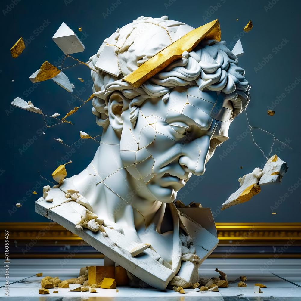 Naklejka premium Bust of a marble statue with its head flying into fragments, concept of deformation, destruction