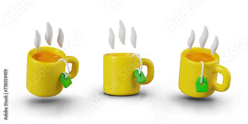 Realistic yellow cup with hot water and tea bag with green label. Composition with hot drink. Vector illustration in 3d style with white background and shadow