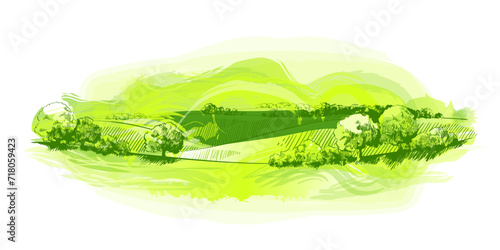 Vector sketch Green grass field on small hills. Meadow, alkali, lye, grassland, pommel, lea, pasturage, farm. Rural scenery landscape panorama of countryside pastures. illustration