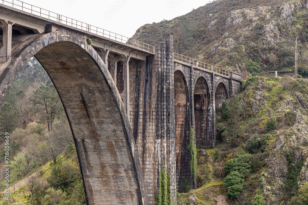 A Ponte Ulla, Spain. The viaduct of Gundian, a stone and iron rail bridge over the river Ulla