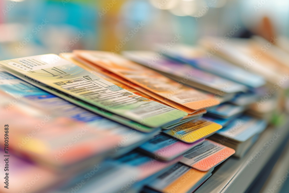variety of travel tickets neatly arranged in a travel agency brochure, with an orderly and attractive blurry background, creating an inviting display for potential customers