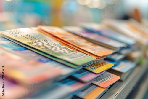 variety of travel tickets neatly arranged in a travel agency brochure, with an orderly and attractive blurry background, creating an inviting display for potential customers