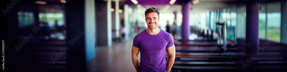A banner with a fitness trainer in a purple T-shirt. A mockup of purple sportswear. A fitness advertising banner with purple branding color. Advertising a healthy lifestyle and weight loss