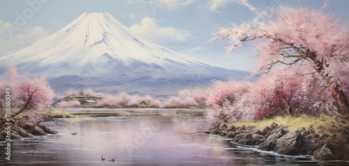 view of Mt.Fuji from the park with sakura trees oil painting of good quality and detail, image made with generative ai technology photo