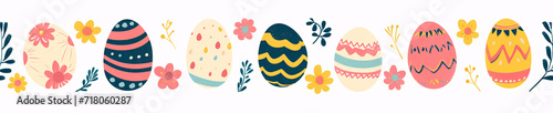 Süße gezeichnete Ostereier als horizontales nahtloses Muster, Ostern, Dekoration, Banner, Tapete