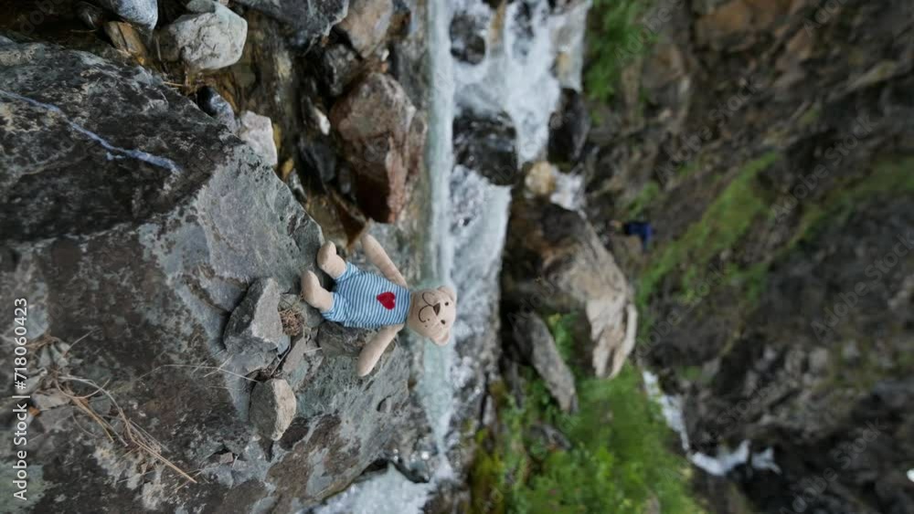 toy plush teddy bear relaxing on a stone by a mountain river on a travel trip in summer. Vertical slow motion toy plush teddy bear relaxing on a stone by a mountain river on a travel trip in summer. Vertical slow motion