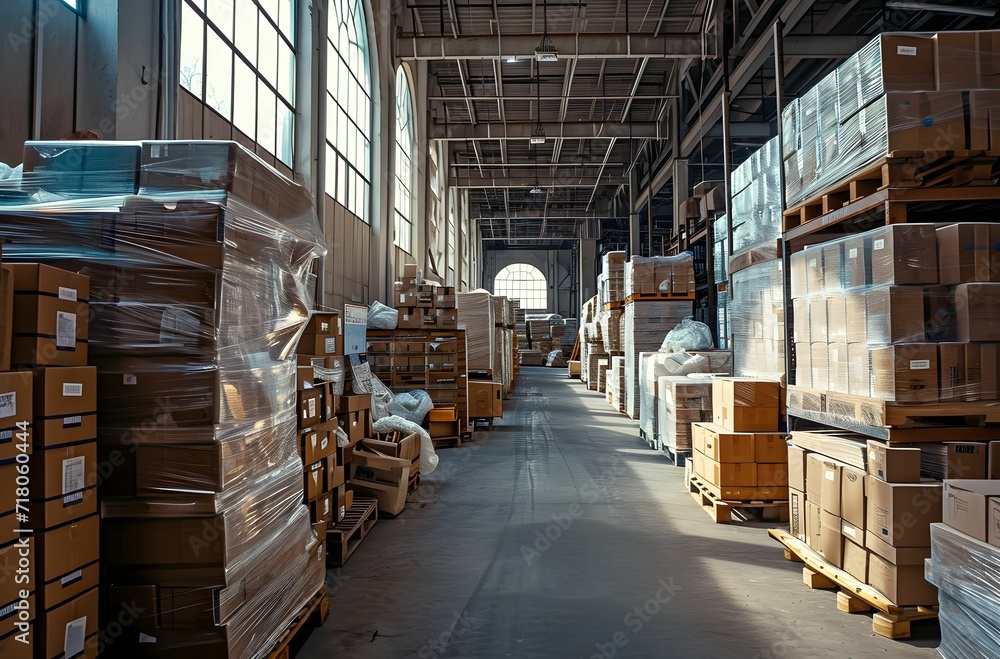 Grandiose Warehouse - Stacked Boxes and Pallets in Dark Sky-Blue and Light Gray, with Airy and Linear Design, Glass Elements, Arched Doorways, Light Brown and White Accents, Captured in Kodak Ultramax Grandiose Warehouse - Stacked Boxes and Pallets in Dark Sky-Blue and Light Gray, with Airy and Linear Design, Glass Elements, Arched Doorways, Light Brown and White Accents, Captured in Kodak Ultramax