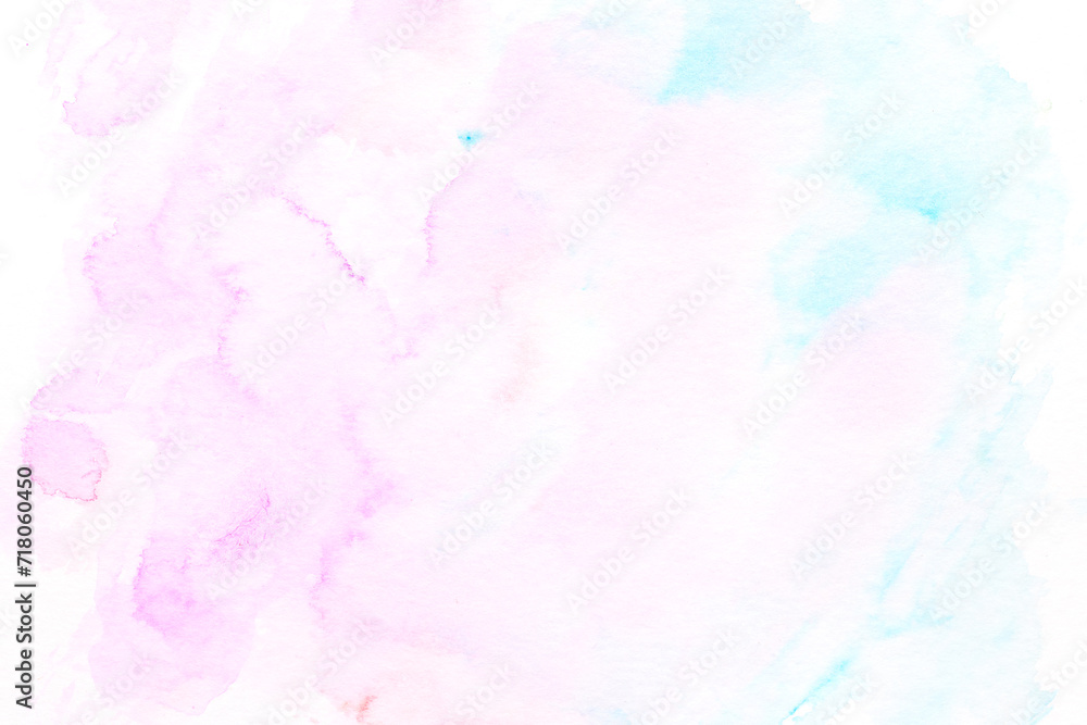 Abstract liquid art background. Pink blue watercolor translucent blots on white paper.